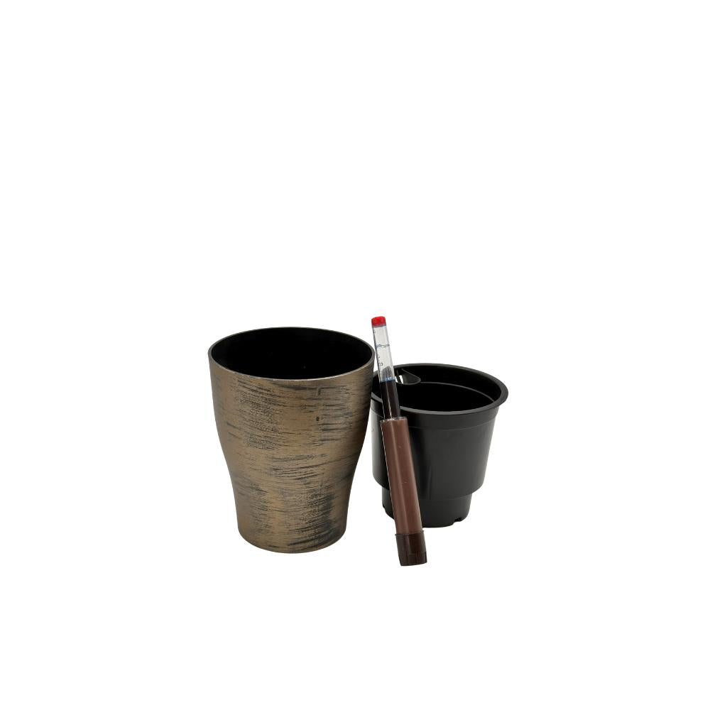 Disassembled parts of silver self-watering pot – inner and outer layers with tube