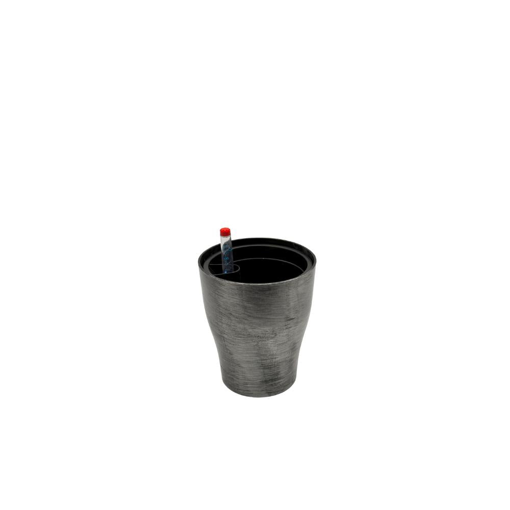 Empty silver self-watering plant pot with water indicator