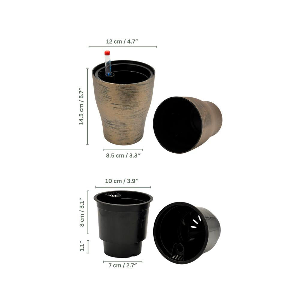 Dimensions of BP 1011 self-watering pot in gold with labeled measurements