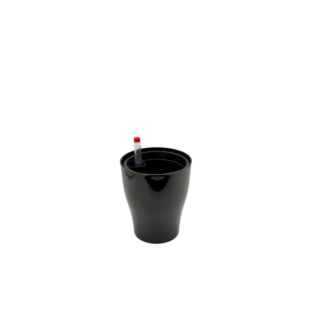 Sleek black self-watering planter in shiny finish with water meter.
