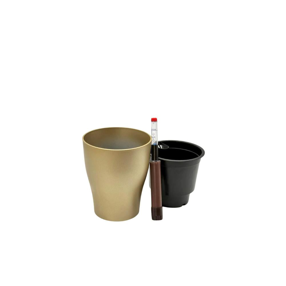 GL 1011 planter in gold with water indicator, inner pot, and components.