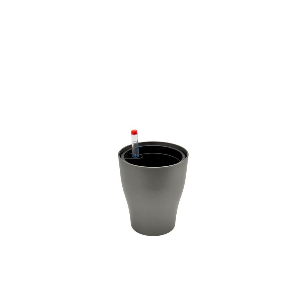 Grey sleek glossy planter with self-watering system for plants.