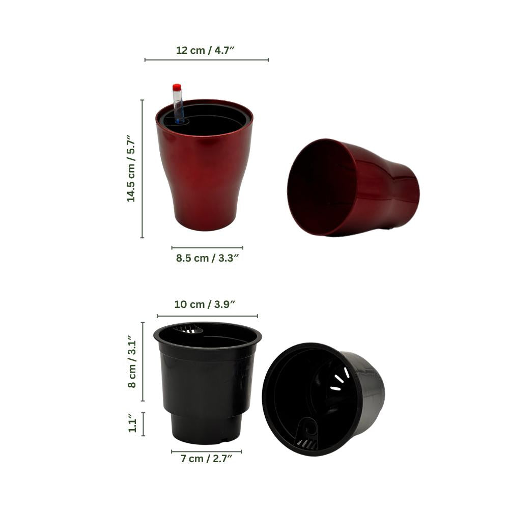 Wine red GL 1011 planter with product dimensions and parts shown.