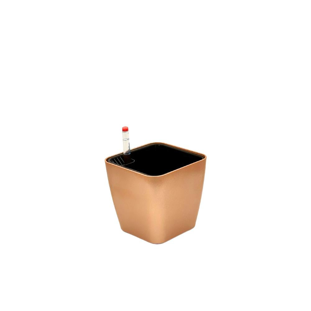 Rose gold finish glossy square plant pot with water indicator for indoor plants