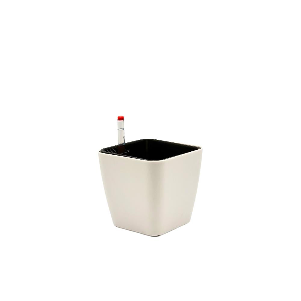 White glossy square self-watering planter pot with water level indicator