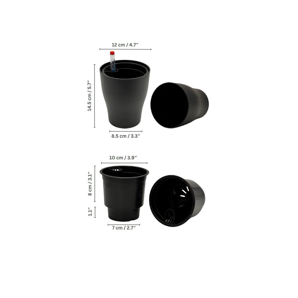 Technical dimensions of MA1011 matte self-watering flower pot in black