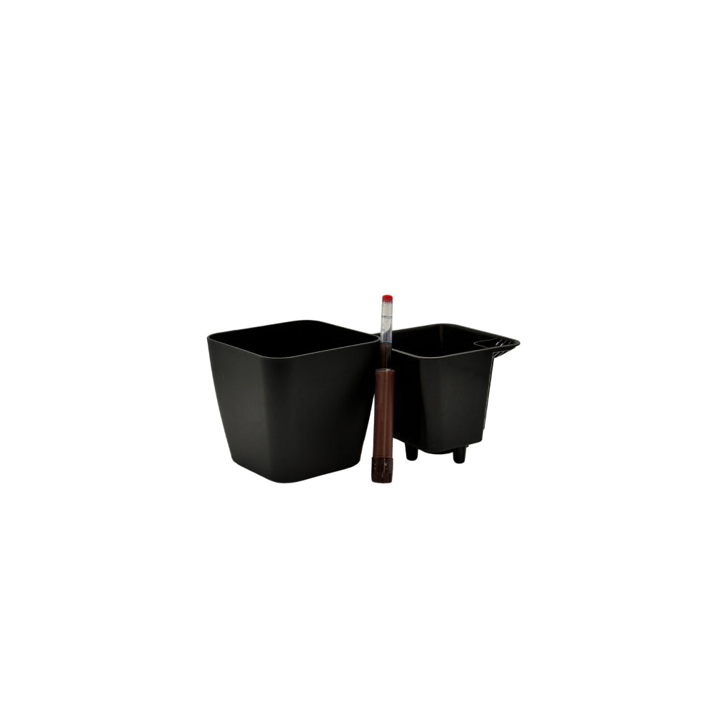 Two-piece self-watering planter structure with matte black outer pot