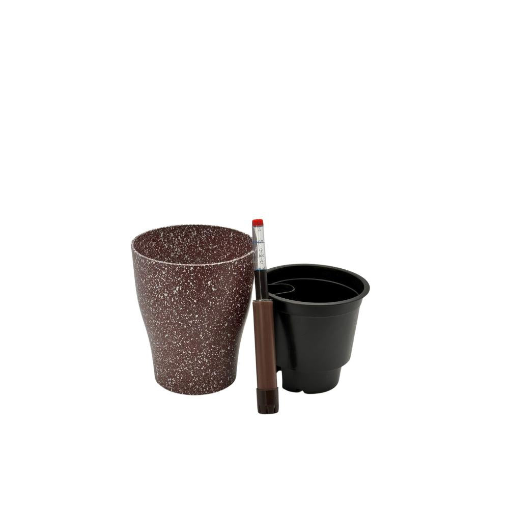 Grey granite-look self-watering plant pot with speckled finish and water gauge.