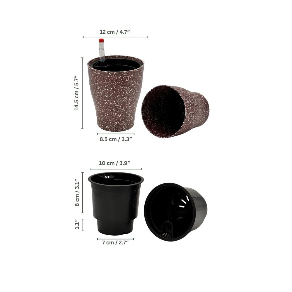 Dimensions of SB 1011 self-watering red planter with speckled surface – product measurements in cm and inches.