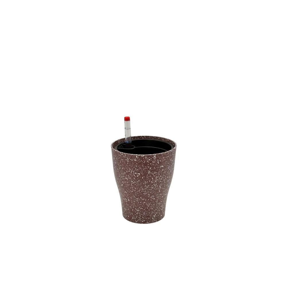 Red granite-textured self-watering flower pot with water gauge for easy plant care.
