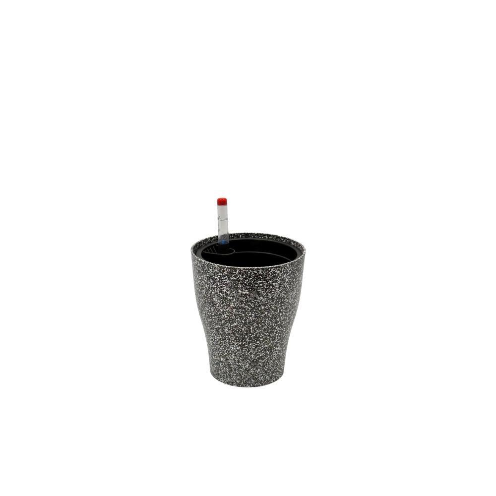 Red sandblasted self-watering pot set with inner black pot and water level tube.