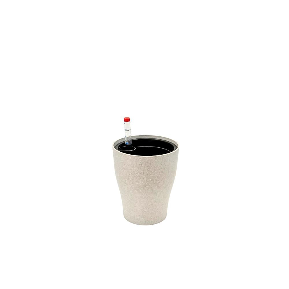 White sandblasted self-watering flower pot with water level indicator – modern indoor planter.