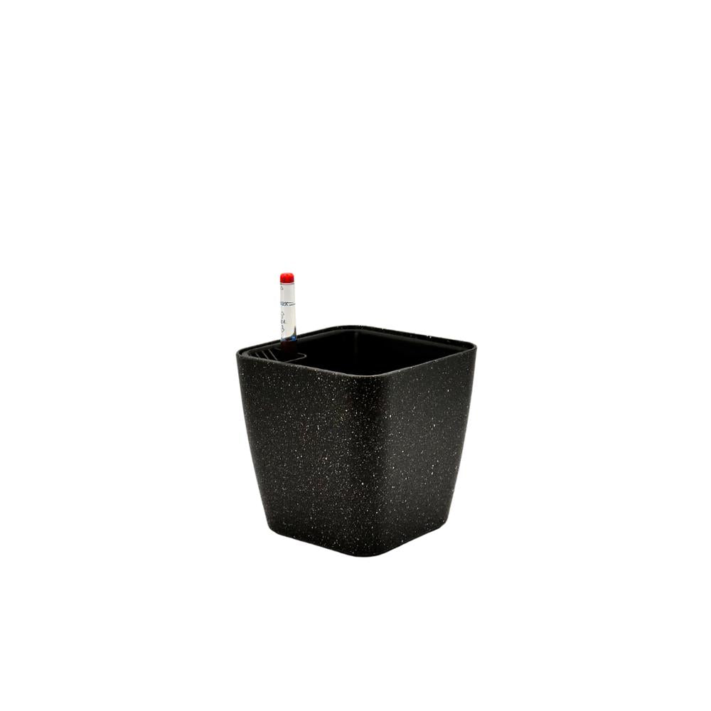 Black sandblasted self-watering flower pot with water indicator