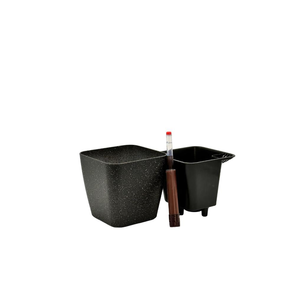 Self-watering planter components: outer pot, inner pot, and indicator