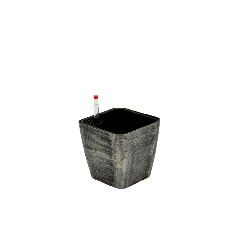 Sleek silver self-watering planter with brush paint finish for modern home decor