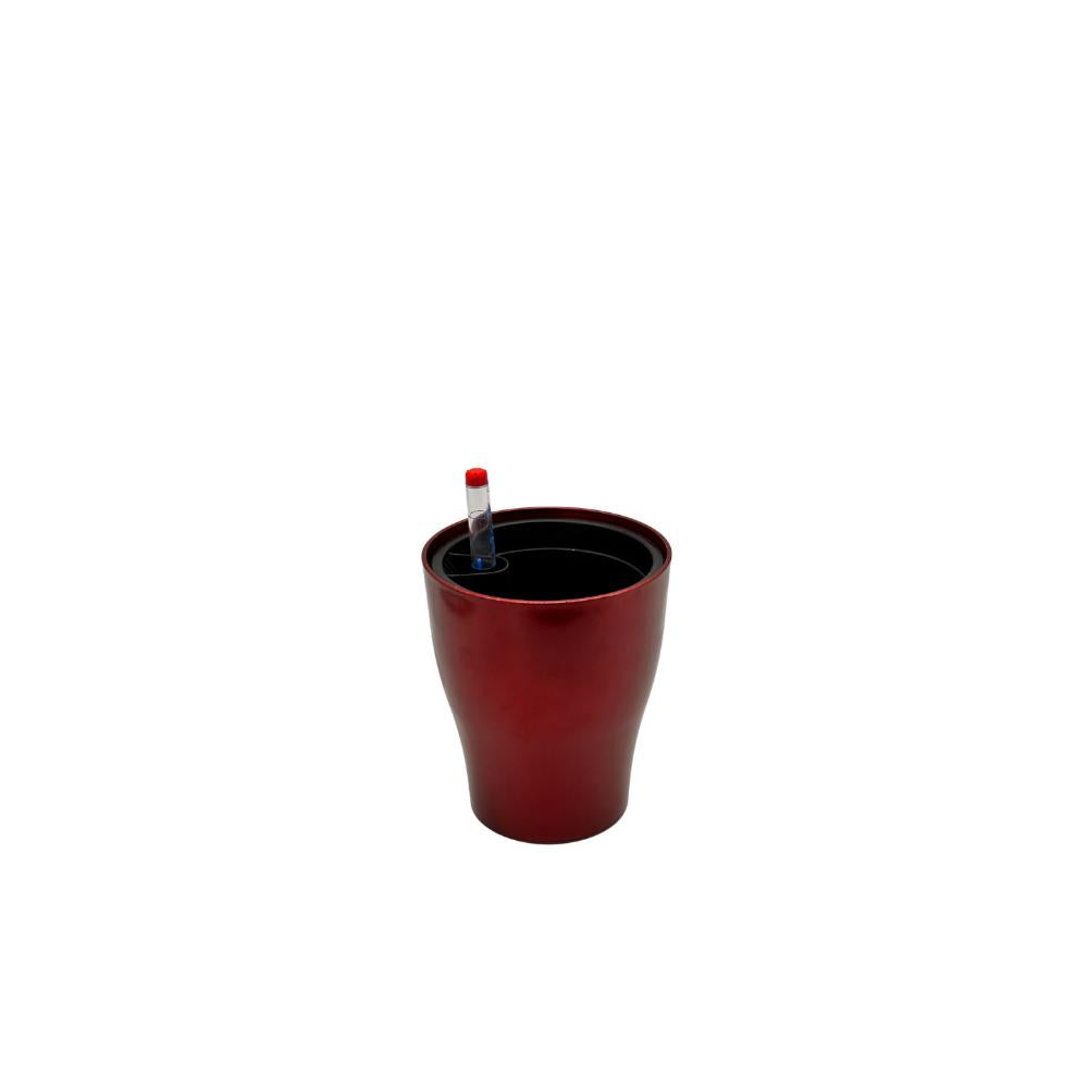 Wine red glossy self-watering flower pot with water level indicator.