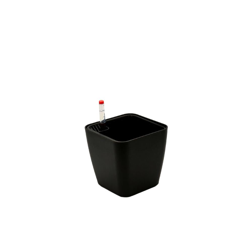 Black glossy square self-watering flower pot with built-in reservoir