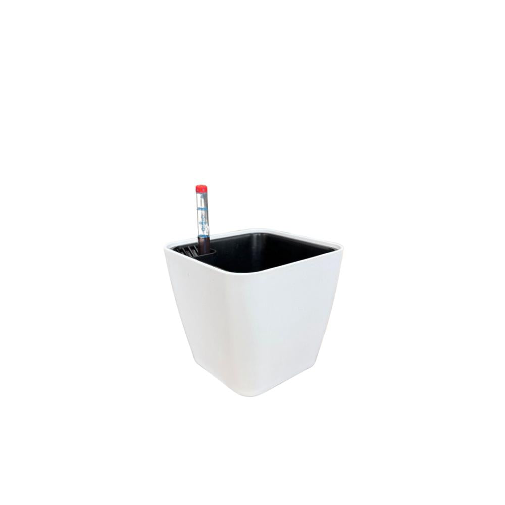 Matte white modern self-watering indoor plant pot with water gauge
