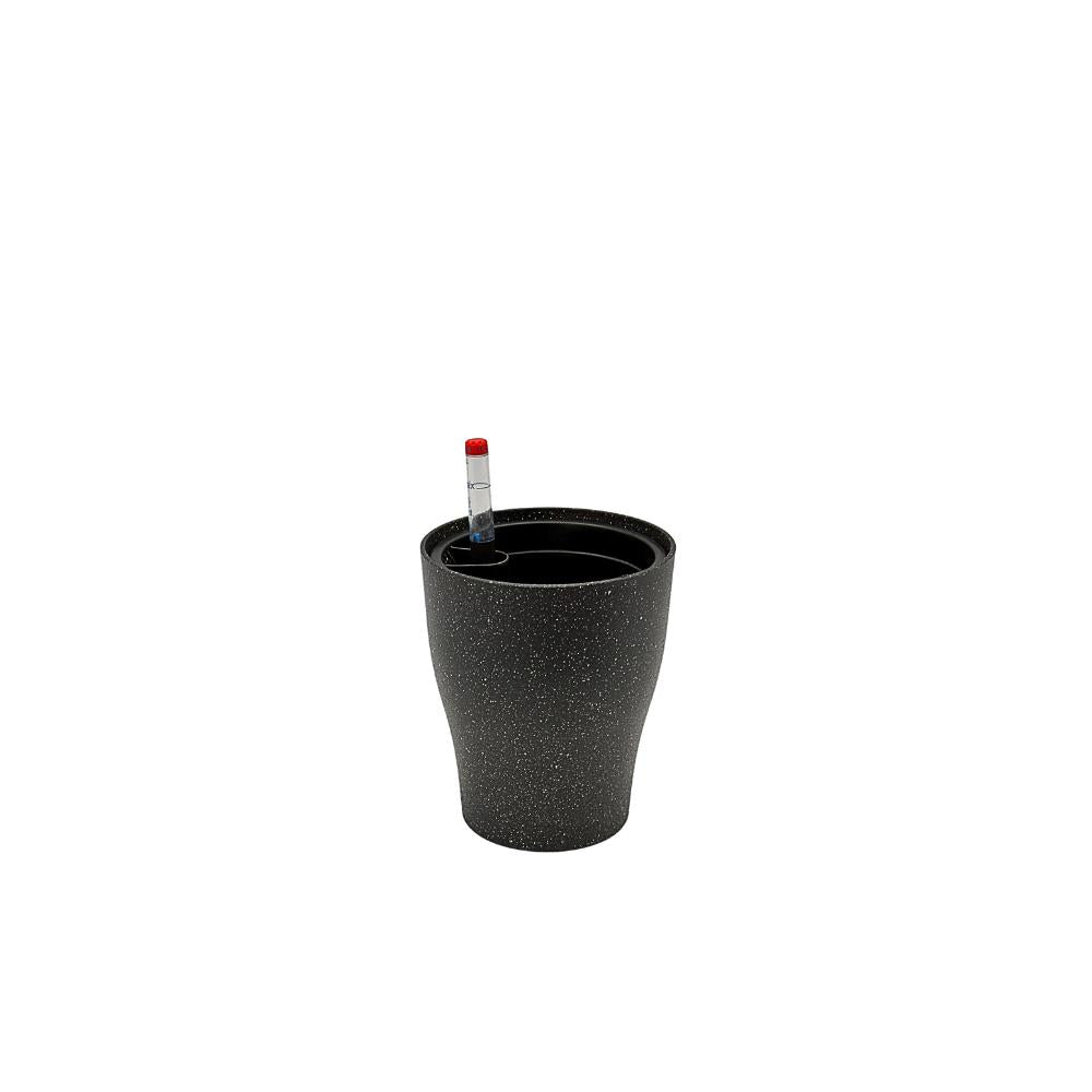 Black sandblasted self-watering planter with speckled texture – decorative houseplant pot.