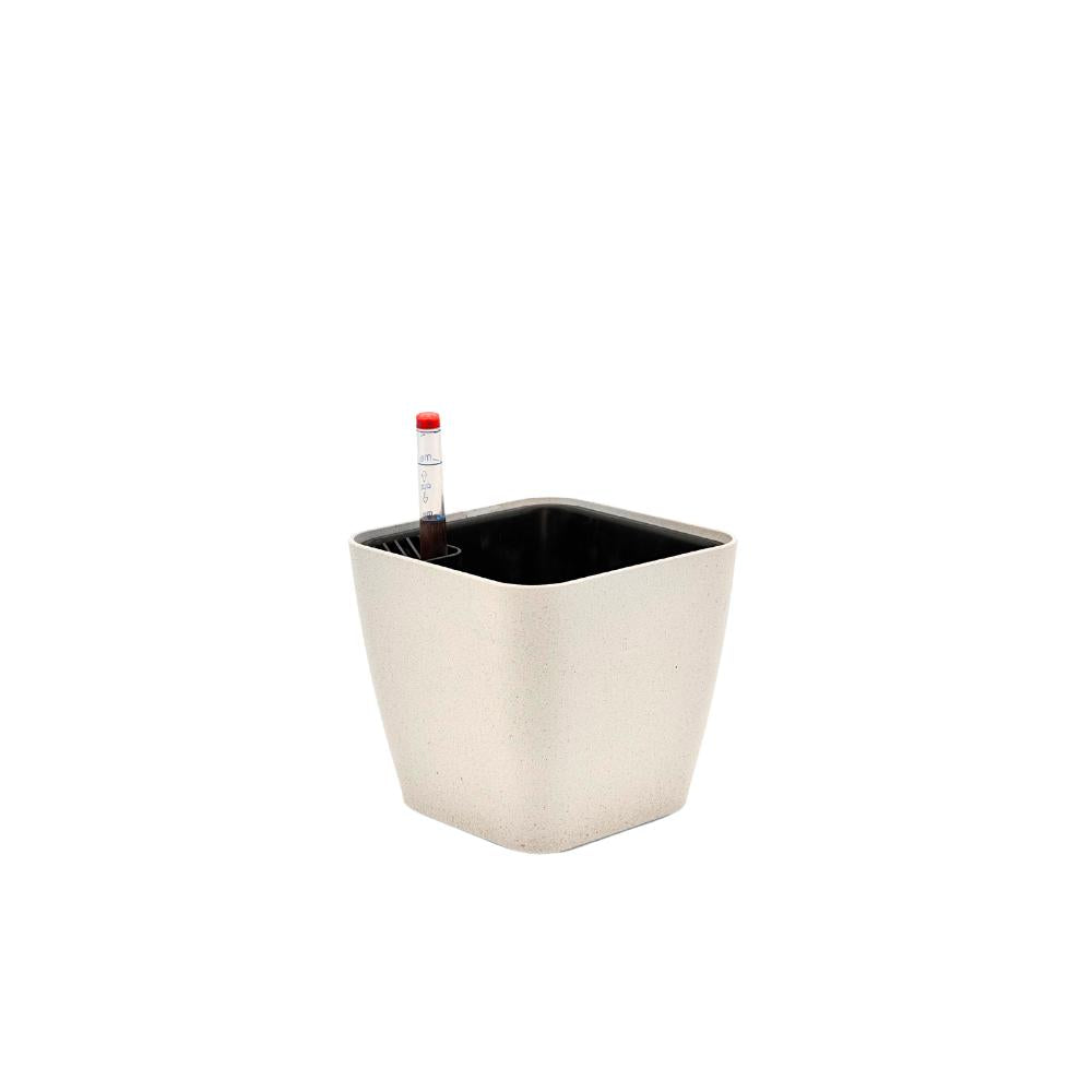White self-watering pot with sandblasted finish and sleek design